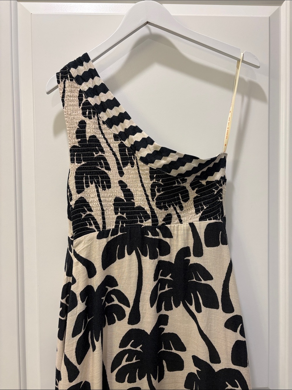 Farm Rio One Shoulder Linen Palm Tree Dress | Black & White | Size Small - Picture 9 of 14